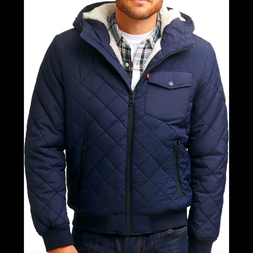 Levi's Navy Blue Sherpa Lined Bomber Jacket w Hood